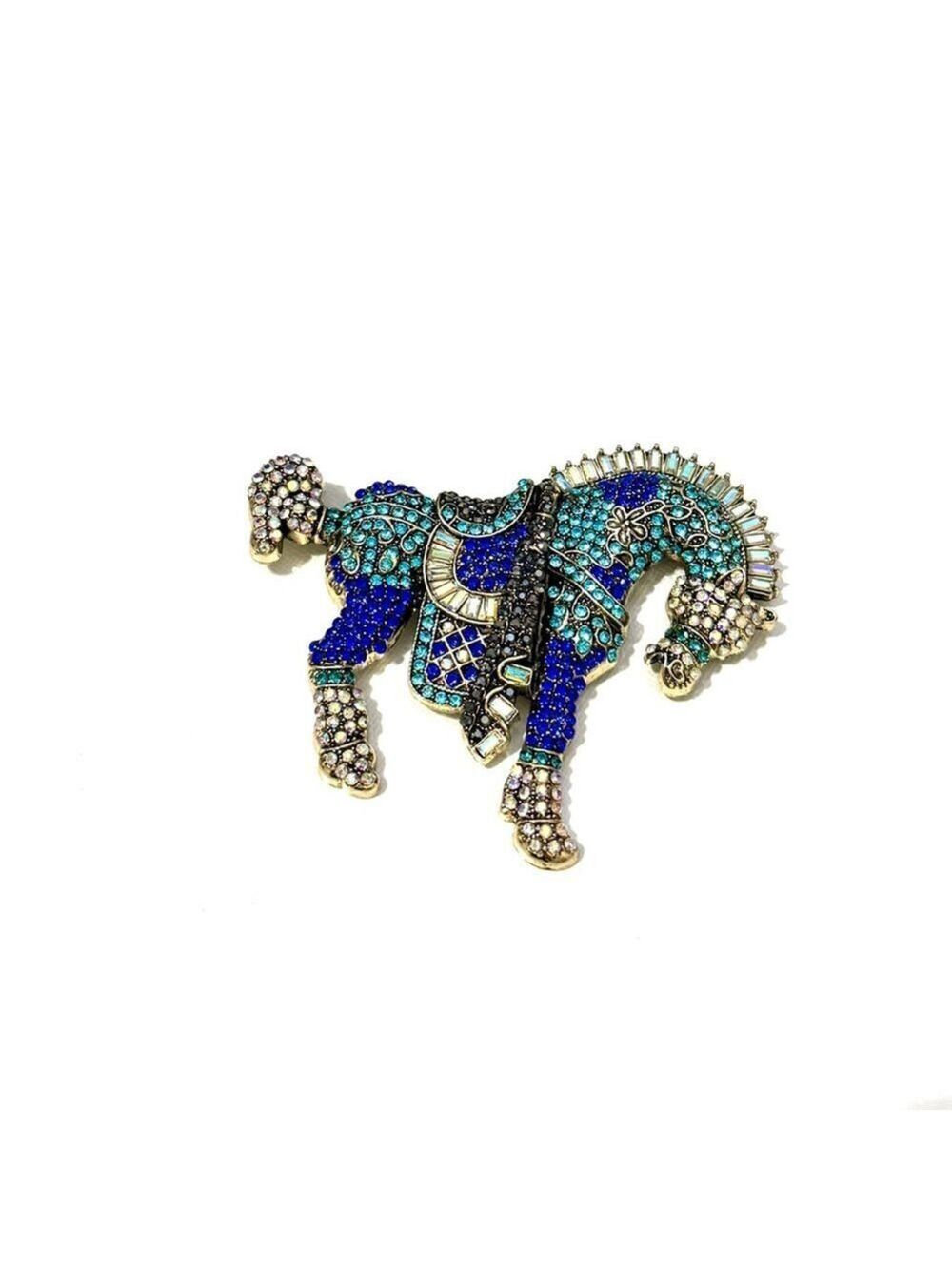 Oversized Sparkling Blue Fashion Crystalized Horse Statement Silver Brooch | NWT
